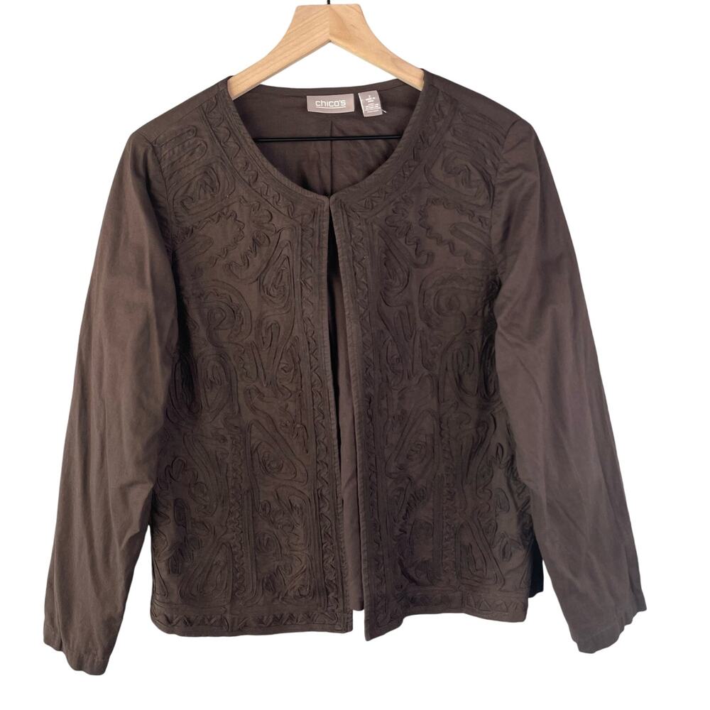 Chico’s Brown Embroidered Sheer Jacket Size 2 Open Front Boho Lightweight